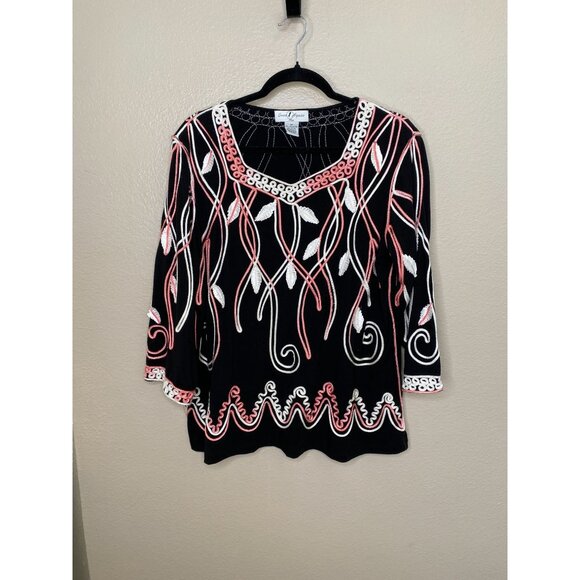 Once 1 Again Plus Embroidered Black 3/4 Sleeve Top Size 1X Pink & White Accents - Picture 1 of 6